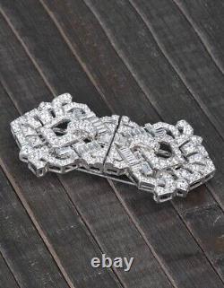 Style Art Déco Broche Double Clip Épingle 925 Argent Sterling Blanc Cz Bijoux