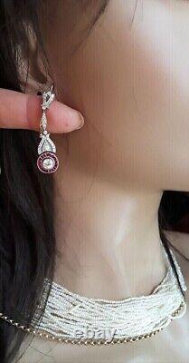Style Art Déco en Moissanite véritable Boucles d'oreilles pendantes en argent 925 avec halo de 2,30 ct de rubis