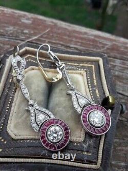 Style Art Déco en Moissanite véritable Boucles d'oreilles pendantes en argent 925 avec halo de 2,30 ct de rubis