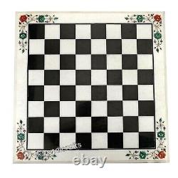 Table à café carrée en marbre de 14 pouces avec incrustations de design d'échecs - Table de jeu de jeu