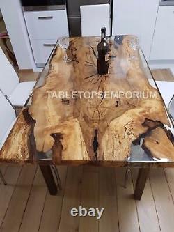 Table à manger en résine époxy transparente en bois de noyer sur mesure mobilier fait main déco