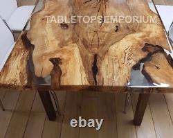 Table à manger en résine époxy transparente en bois de noyer sur mesure mobilier fait main déco