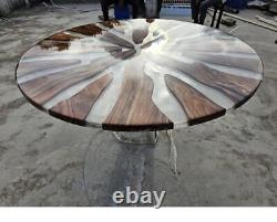 Table à manger en résine époxy transparente, faite à la main, avec plateau en bois naturel bord vivant