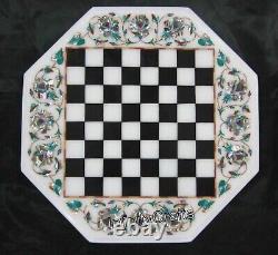 Table basse pour bar en marbre blanc incrusté de nacre pour plateau de jeu d'échecs