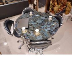 Table basse ronde en pierre de labradorite avec dessus en cristal antique pour meubles de cafétéria