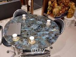 Table basse ronde en pierre de labradorite avec dessus en cristal antique pour meubles de cafétéria