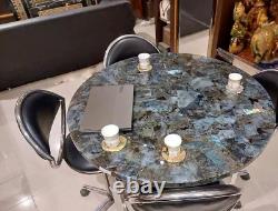 Table basse ronde en pierre de labradorite avec dessus en cristal antique pour meubles de cafétéria