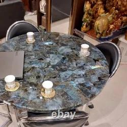 Table basse ronde en pierre de labradorite avec dessus en cristal antique pour meubles de cafétéria