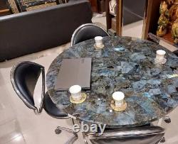 Table basse ronde en pierre de labradorite avec dessus en cristal antique pour meubles de cafétéria