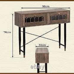 Table console étroite en chêne brun moderne avec 2 tiroirs et pieds en fer, table d'entrée