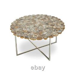 Table d'extrémité de couloir en agate brune avec dessus de table basse rond en époxy pour la chambre d'amis.