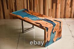 Table de salle à manger centrale en bois d'acacia naturel fait à la main avec dessus en résine - Décorations de table de bureau