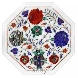 Table en marbre blanc octogonale 12 octagonale avec incrustations de pierres de lapis et de cornaline - Décoration de meubles Pieta Dura