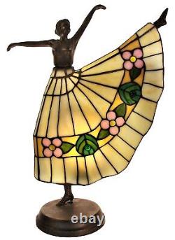 Tiffany Lead Light Art Deco Danseuse Lampe De Table H43cm Bronze Base De Couleur