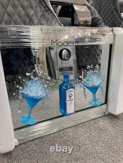 Verre à cocktail Blue Gin en art 3D pailleté dans un cadre miroir, Boissons bleues 3D