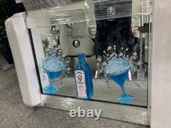 Verre à cocktail Blue Gin en art 3D pailleté dans un cadre miroir, Boissons bleues 3D