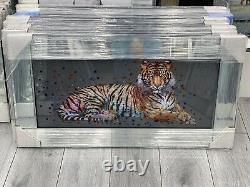 XL Tiger Animal Liquid Art Wall Cadre Chrome Look 82x42cm